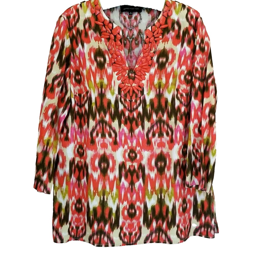 JONES NEW YORK Blouse Womens M Red Ikat 3/4 Sleeve Notch Neck Beads Side Slit